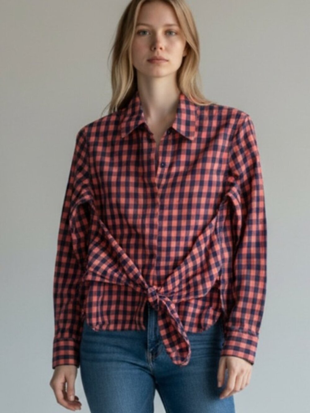 Rag & Bone Long Sleeve Tie-Front Red Blue Cotton Gingham Check Wendy Top, XS